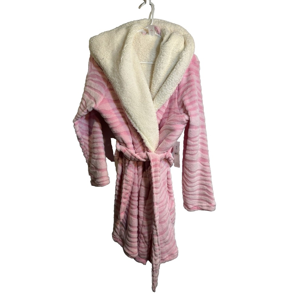 sleep & co womens pink‎ white robe hooded pockets size large